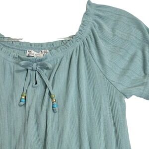 Knitworks Juniors‎ XL Sage Green Top Pointelle Peasant Blouse Beaded Bow Ruffle